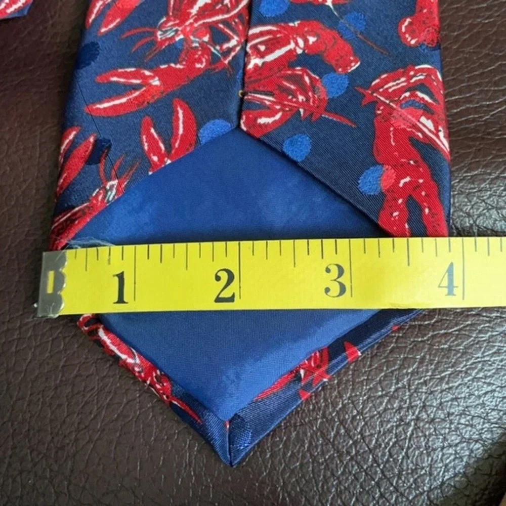 Renaissance Mens Handmade Lobster Print Silk Navy Blue Red Polka Dot Necktie Tie